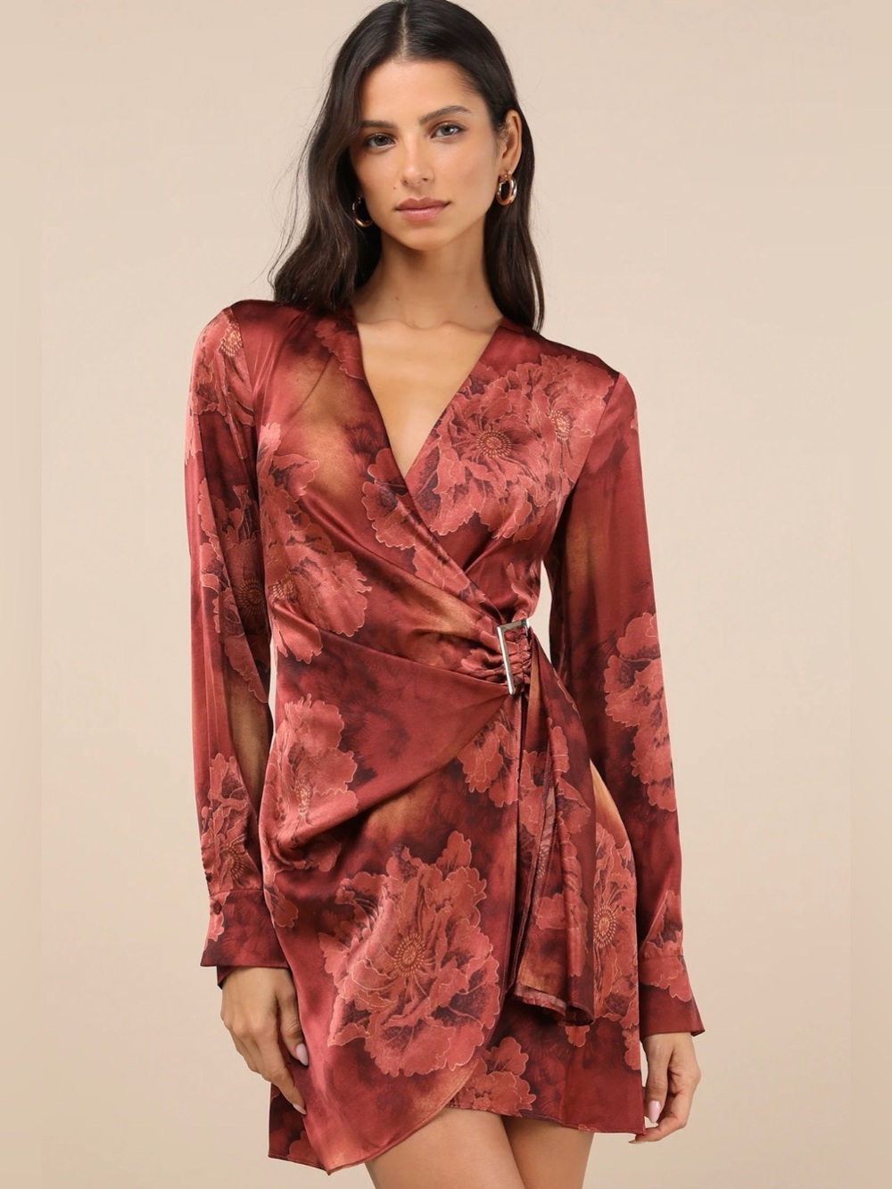 Lulu's Rust Floral Satin Surplice Belted Mini Dress with Buckle